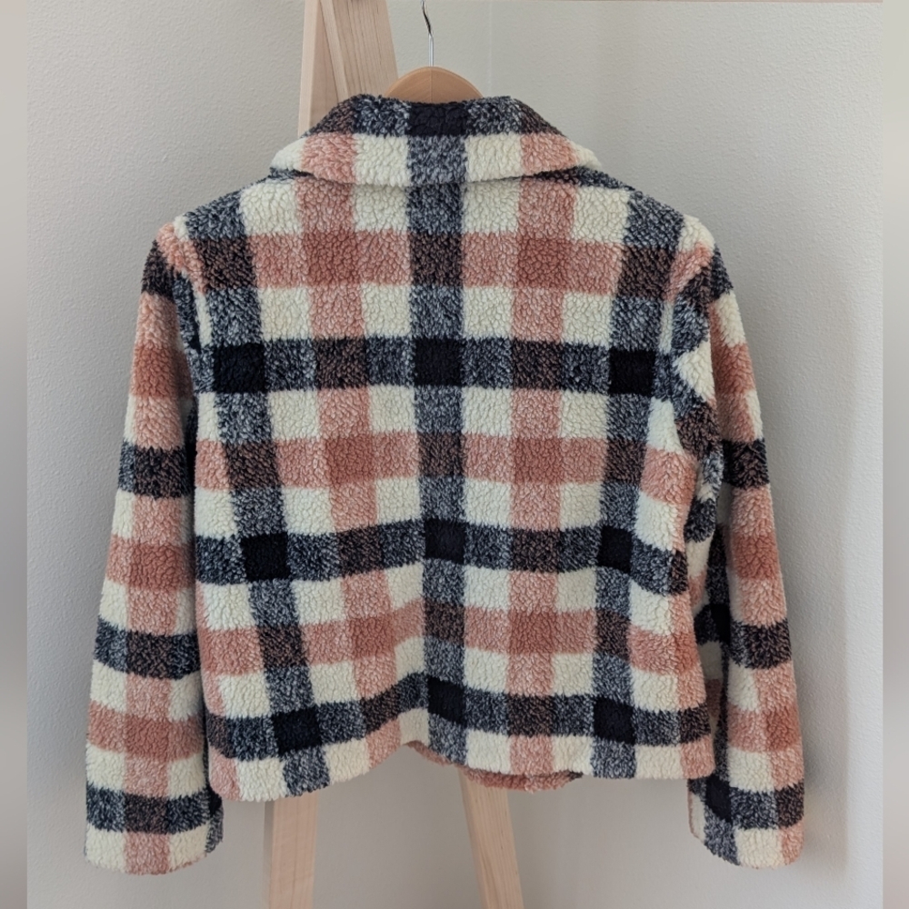 Madewell Hazlewood Faux Fur Plaid Sherpa Jacket In Black/Coral/Ivory - M - Picture 12 of 13